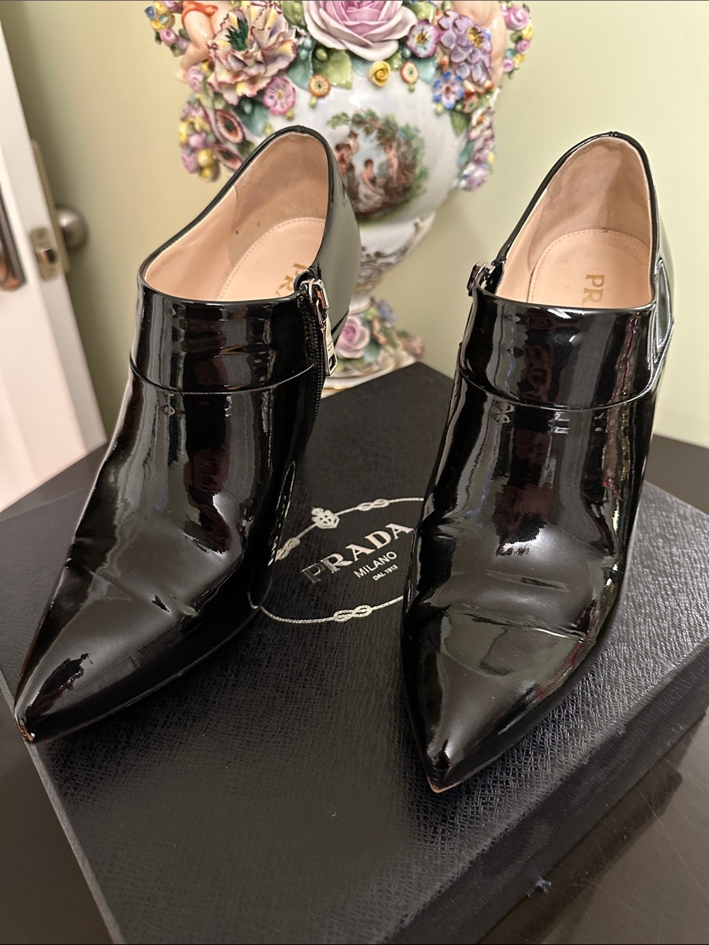 Prada Vintage Calzature Donna Black Patent Pointed Booties with Side Zipper